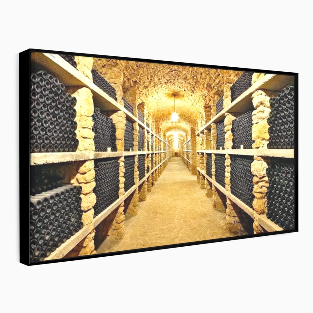 Tablou canvas cu tablou canvas cu crama subterana si sticle de vin, in rama de aluminiu negru